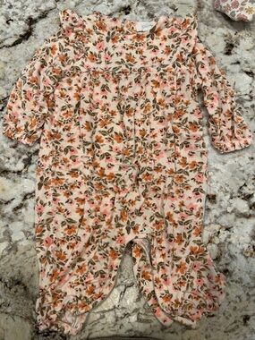 Angel Dear Floral Ruffle-Shoulder Baby Romper in Pink and Brown